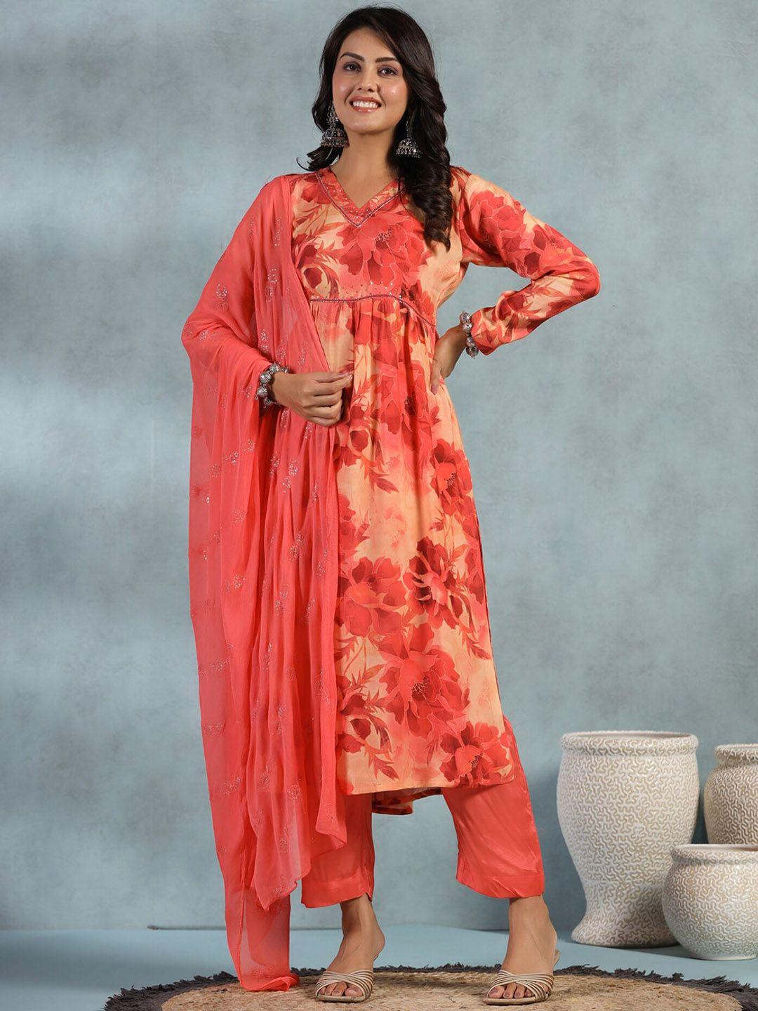 etnicawear floral printed sequined a-line kurta with trousers & dupatta