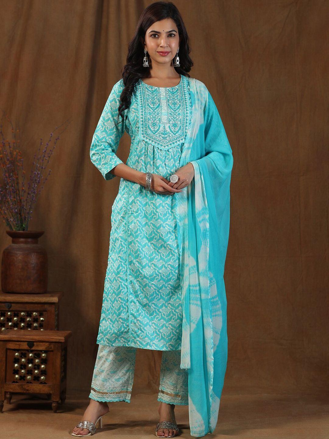 etnicawear floral printed thread work a-line pure cotton kurta with trousers & dupatta