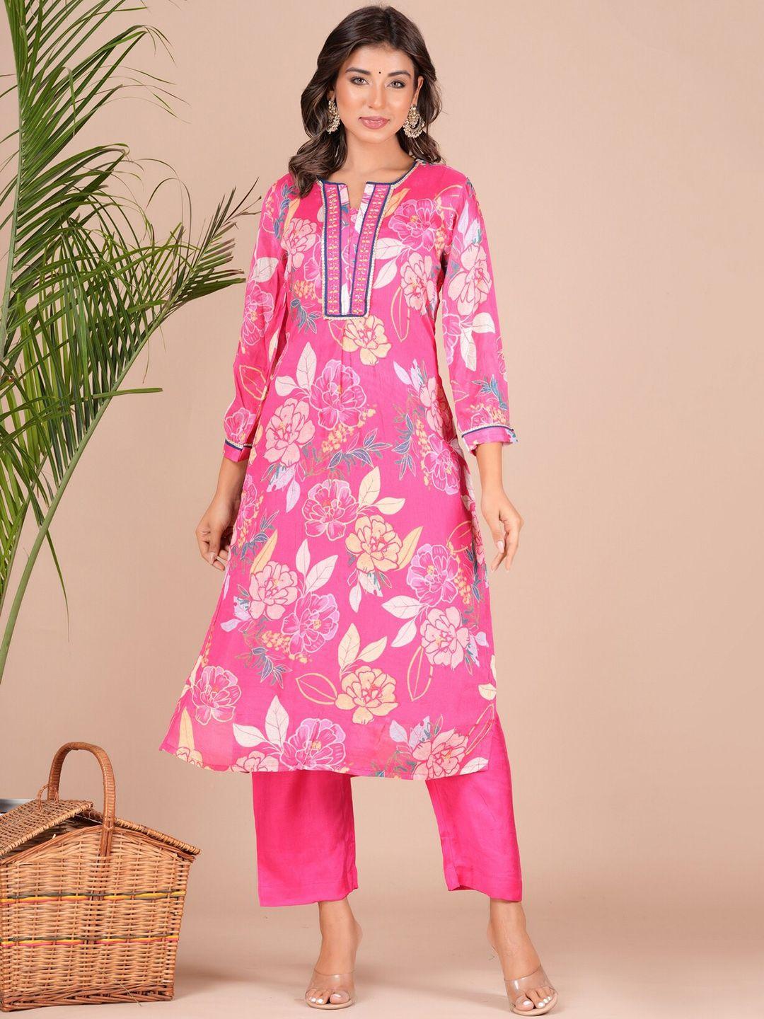 etnicawear floral printed thread work kurta & pyjamas with dupatta