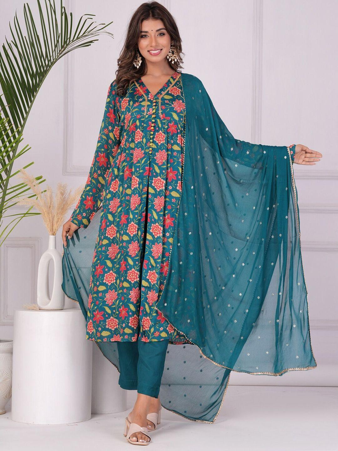 etnicawear floral printed v-neck empire a-line kurta & trousers with dupatta