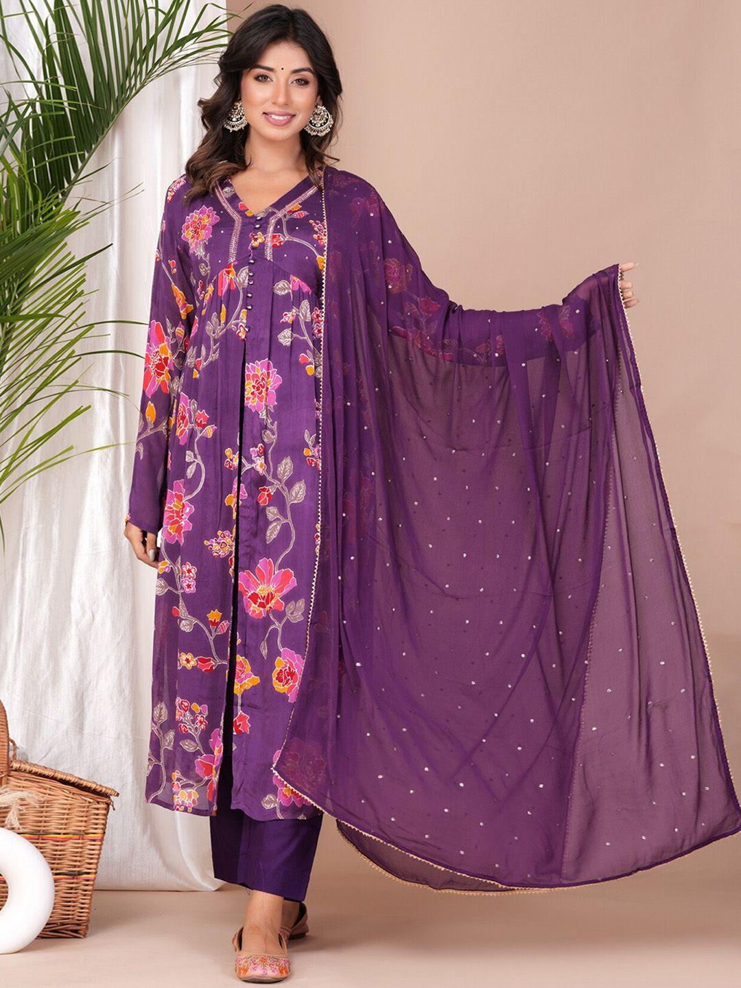 etnicawear floral printed v-neck empire a-line kurta & trousers with dupatta