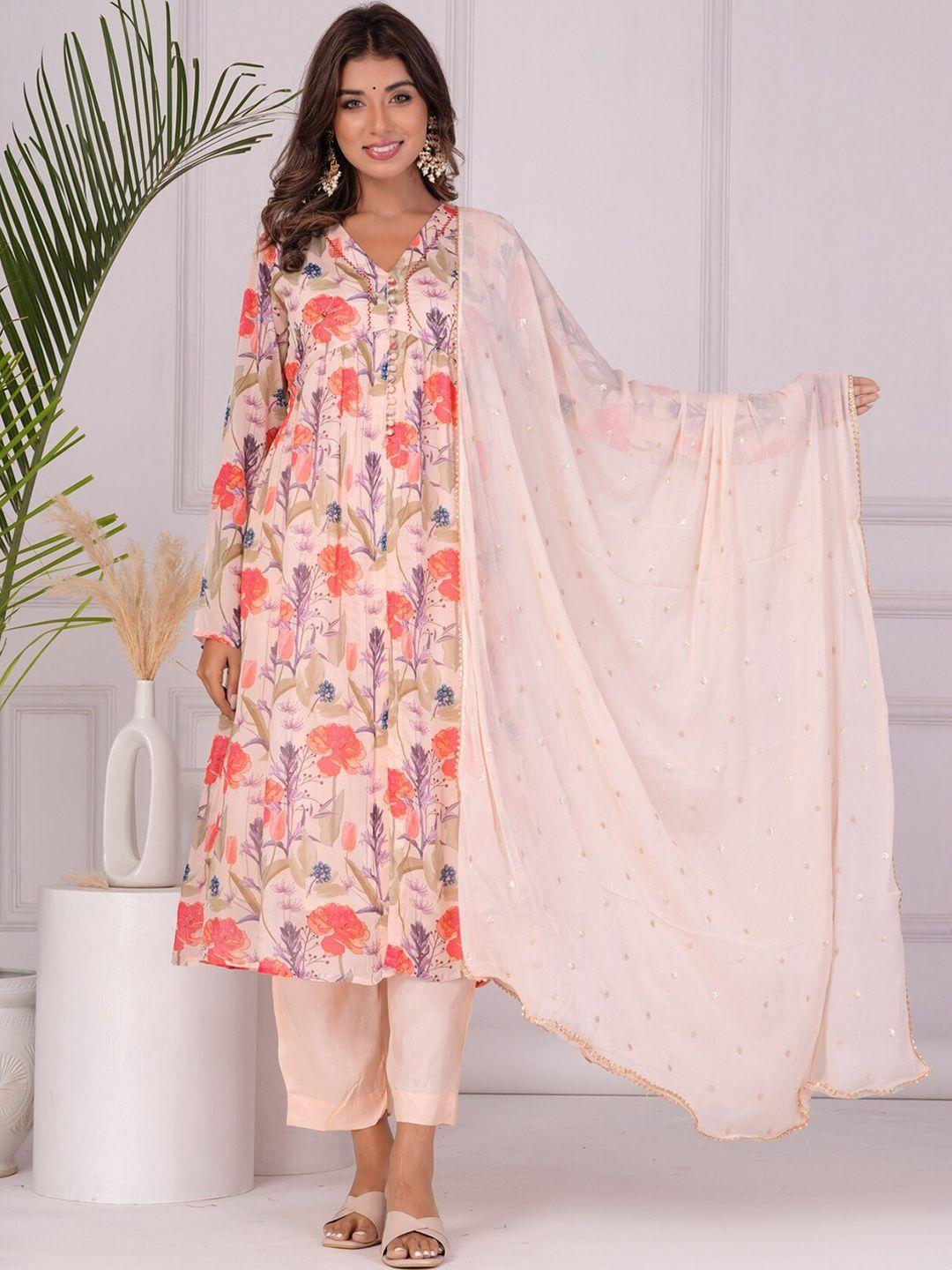 etnicawear floral printed v-neck empire a-line kurta & trousers with dupatta