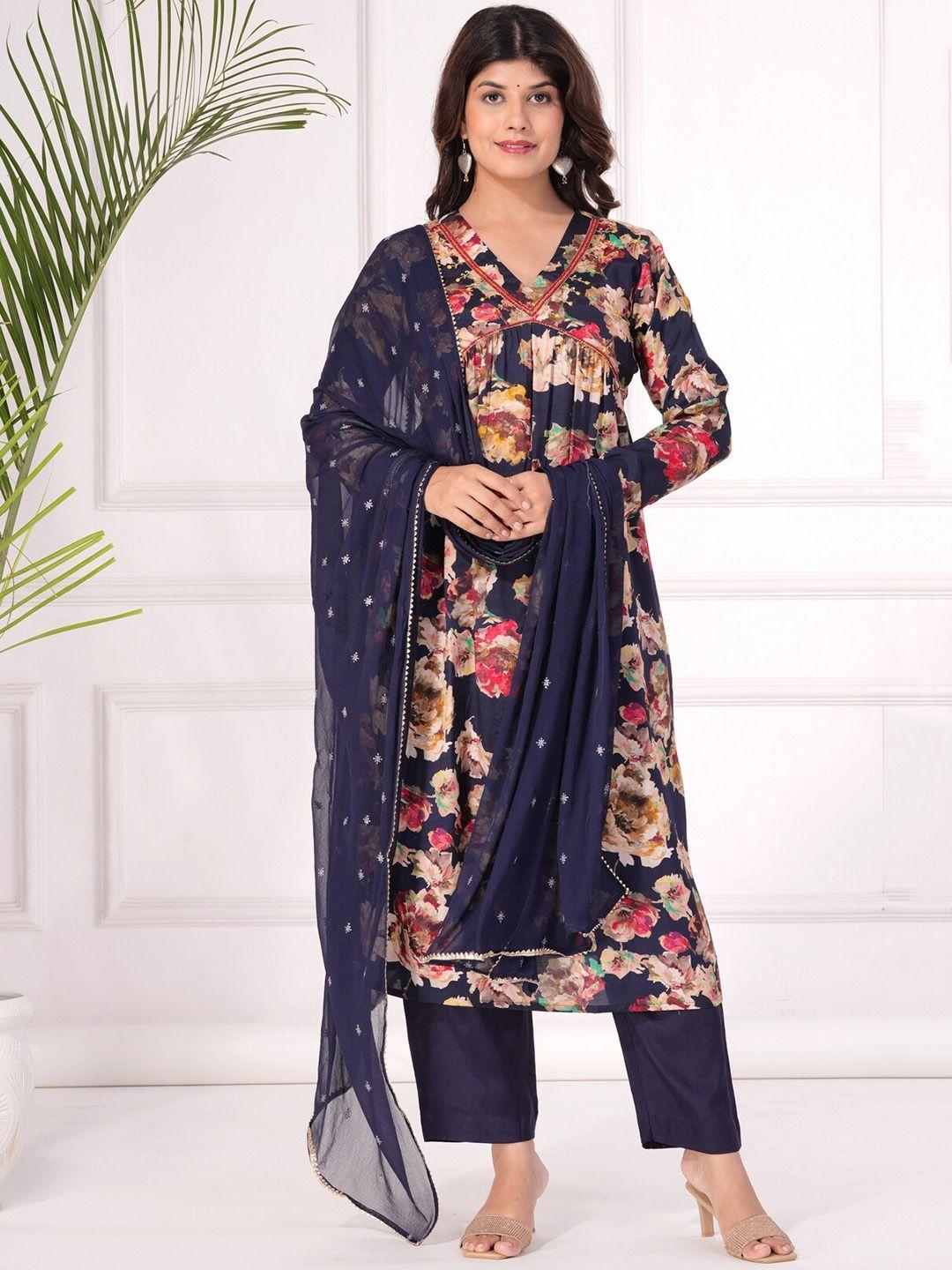 etnicawear floral printed v-neck empire a-line kurta & trousers with dupatta