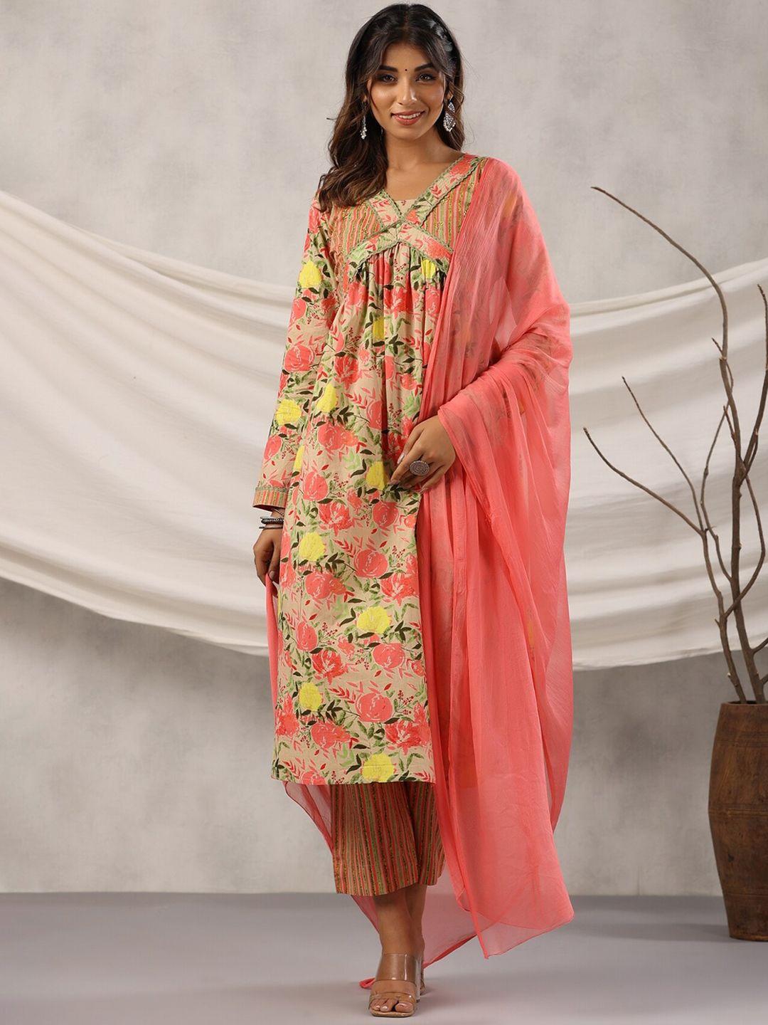 etnicawear floral printed v neck pure cotton a-line kurta with trousers & dupatta