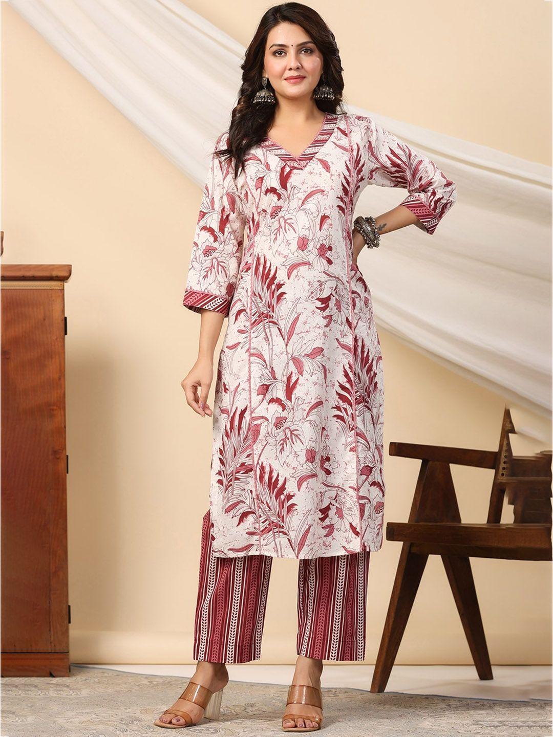 etnicawear floral printed v neck pure cotton kurta with palazzos & dupatta