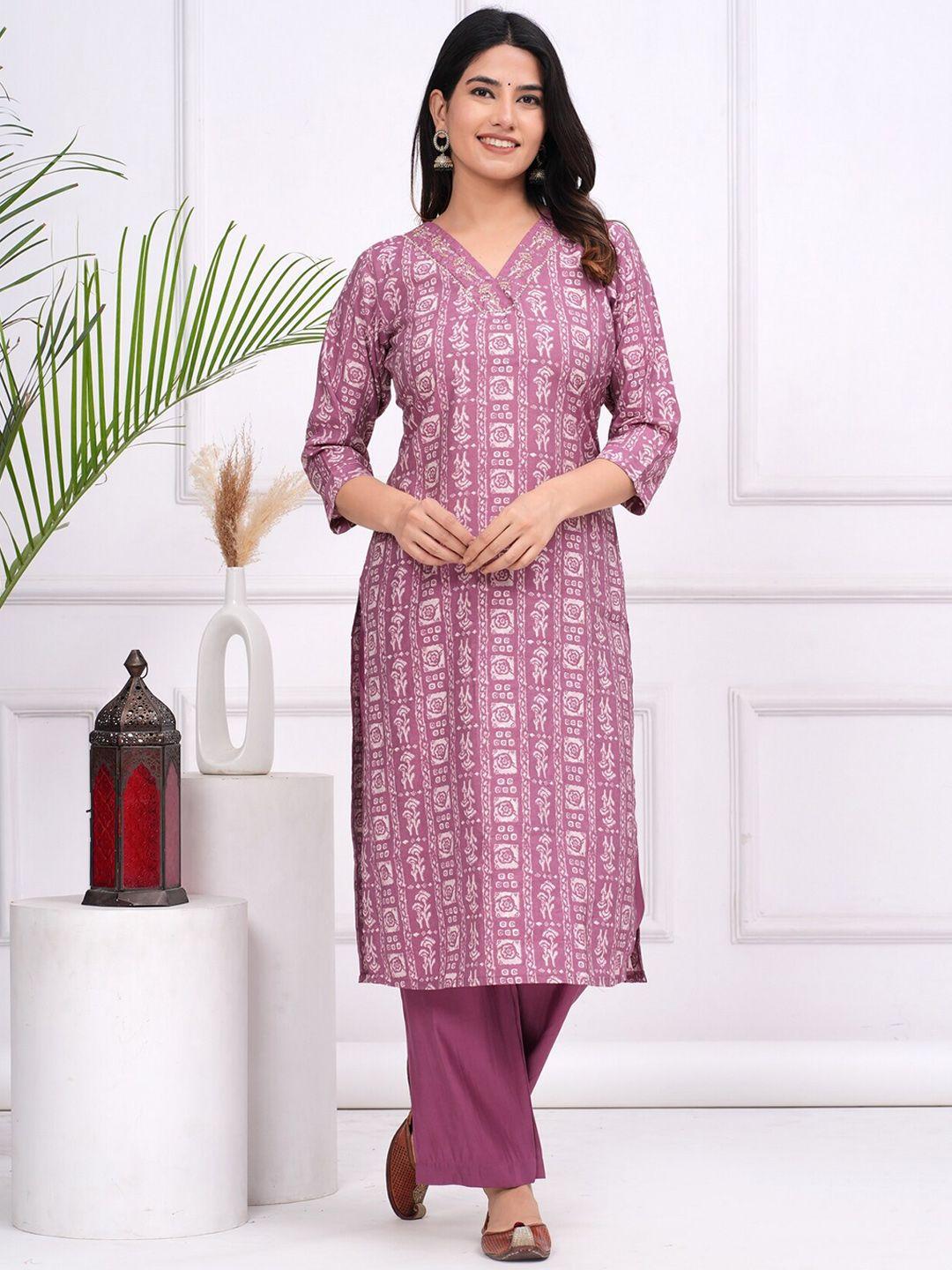 etnicawear floral printed v-neck pure silk kurta with pyjamas