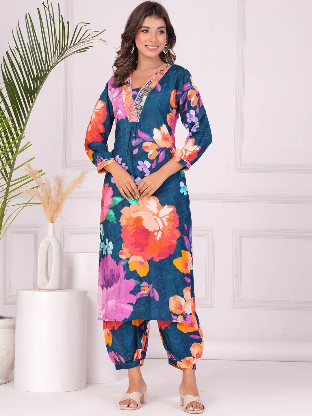 etnicawear floral printed v-neck sequinned detail straight kurta with salwar