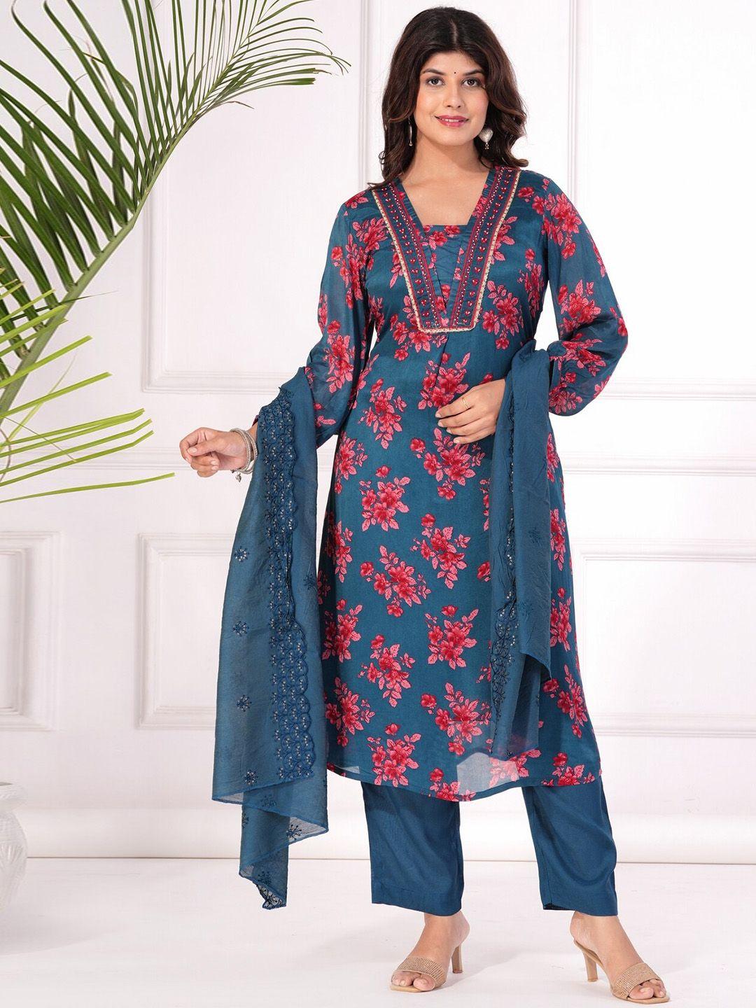 etnicawear floral printed v-neck thread work straight kurta & trousers with dupatta