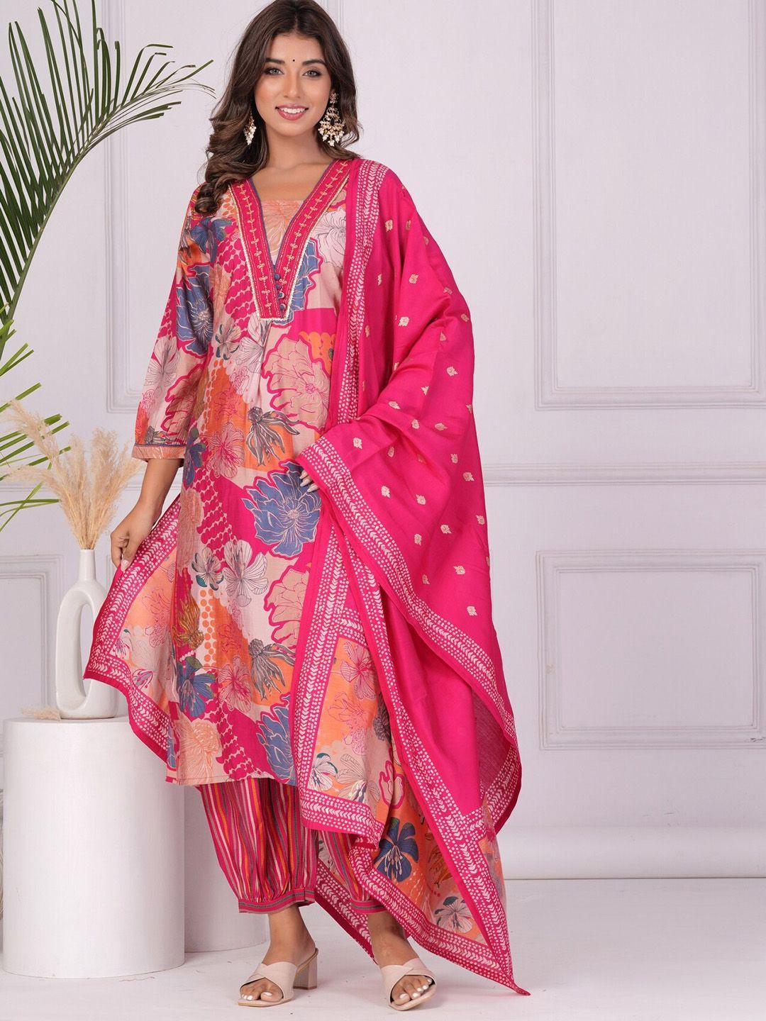 etnicawear floral printed v-neck thread work straight kurta & trousers with dupatta