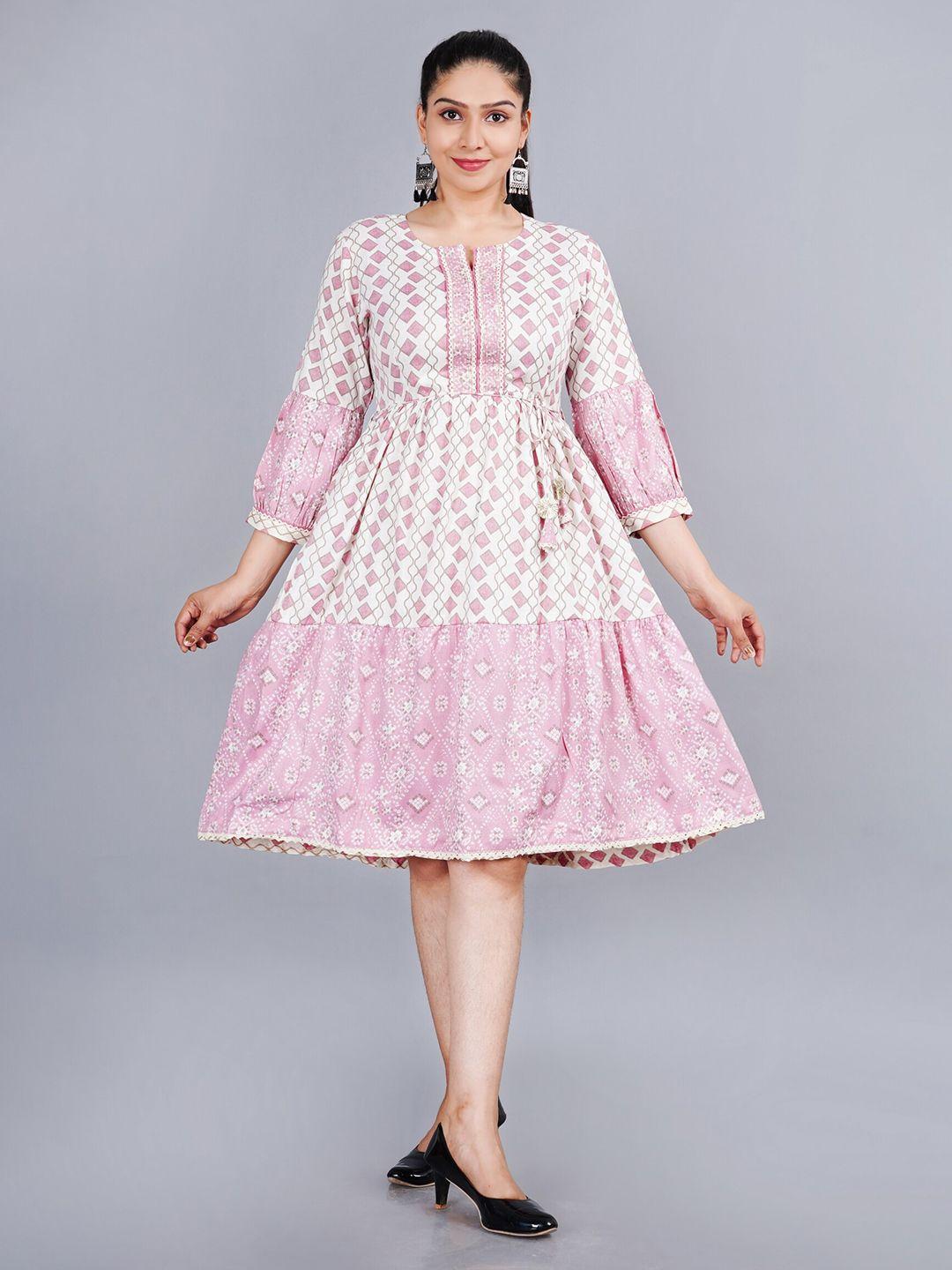 etnicawear pink & white printed flared pure cotton dress