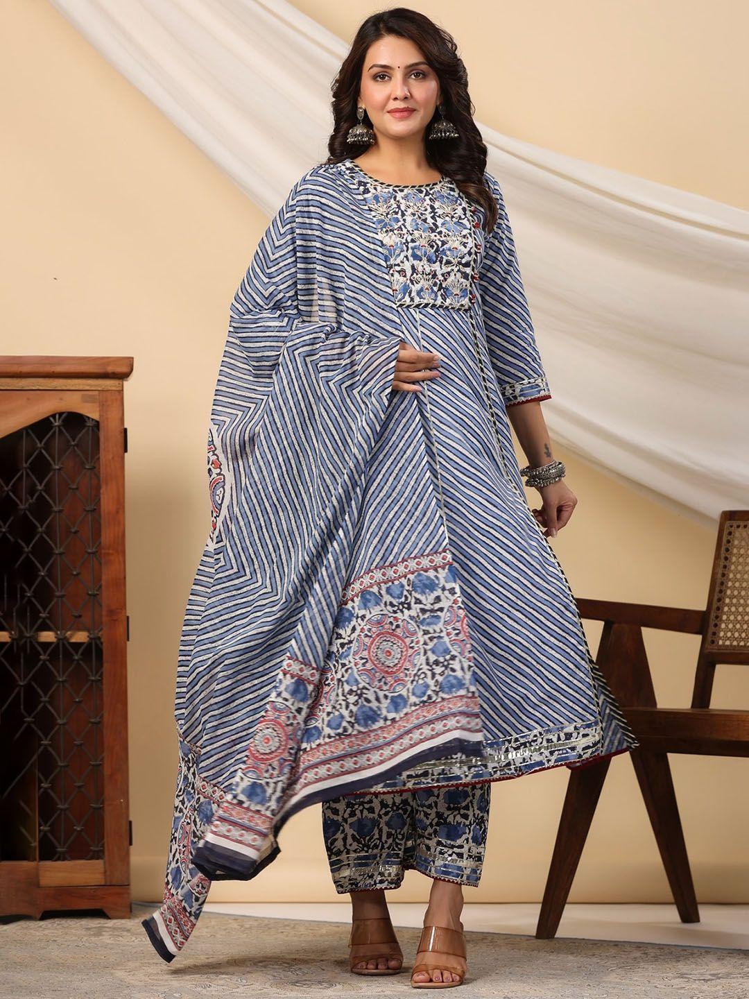 etnicawear printed thread work gotta patti pure cotton kurta with trousers & dupatta