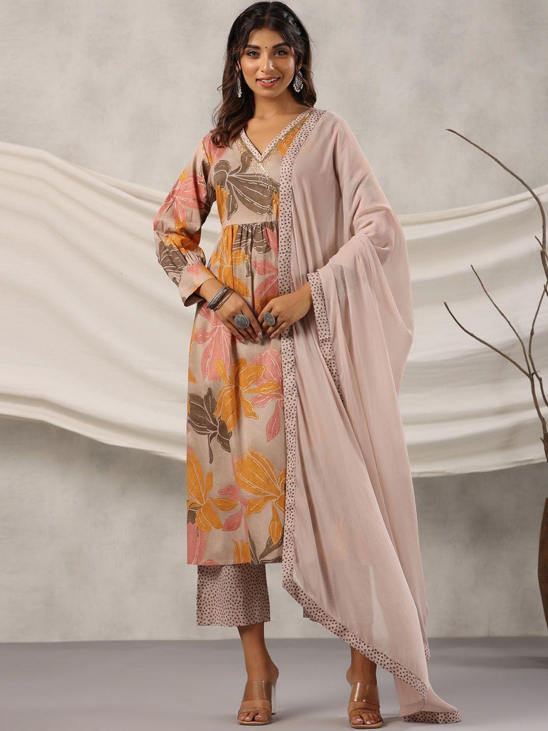 etnicawear printed v neck sequinned pure cotton a-line kurta with palazzos & dupatta
