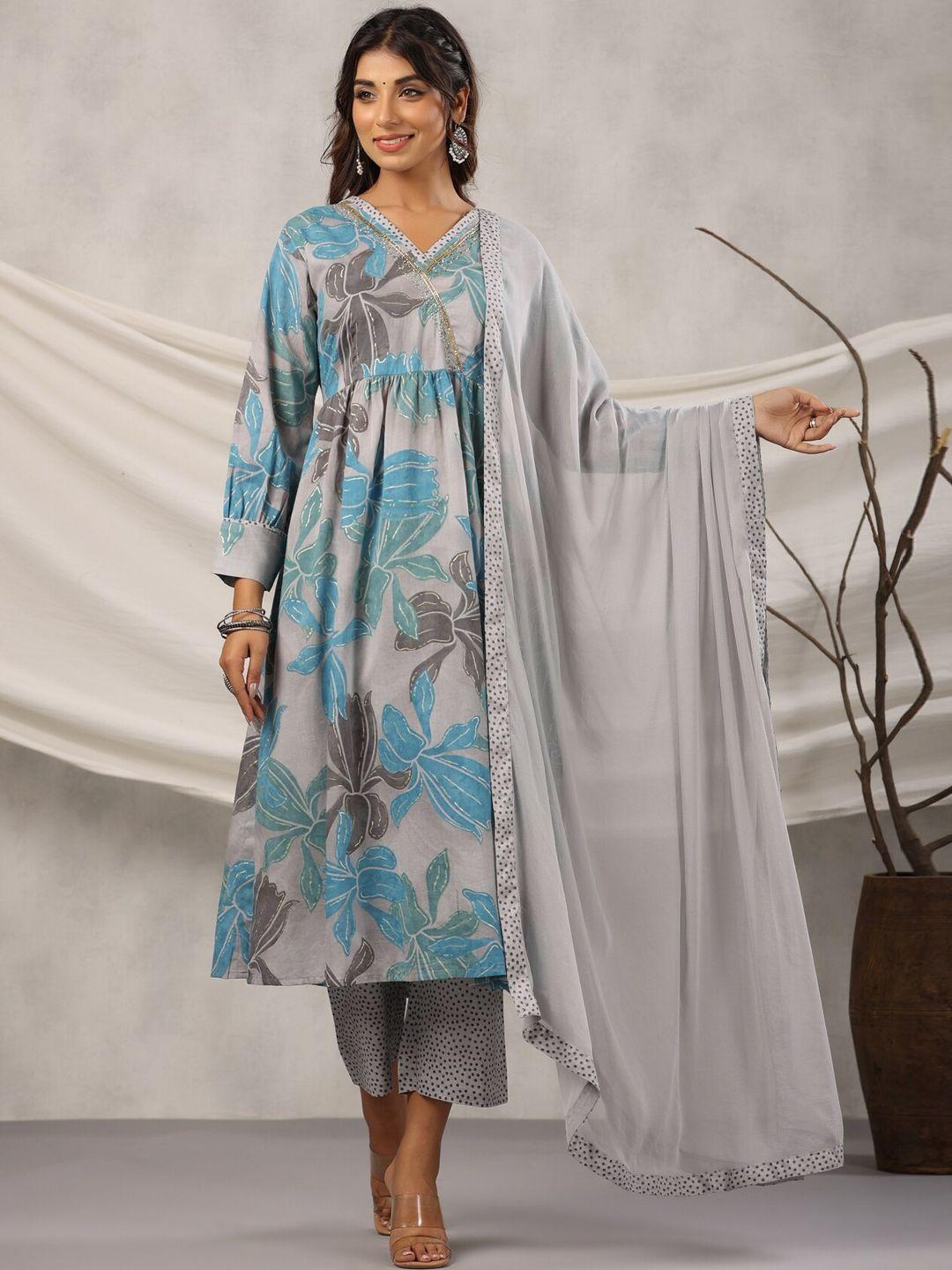 etnicawear printed v neck sequinned pure cotton a-line kurta with trousers & dupatta