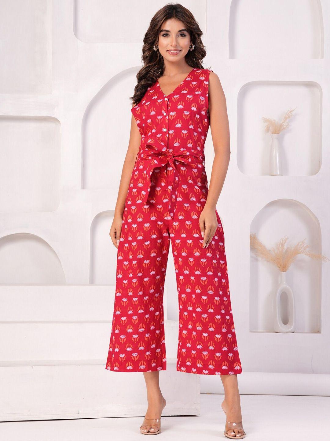 etnicawear red & white floral foil printed basic jumpsuit