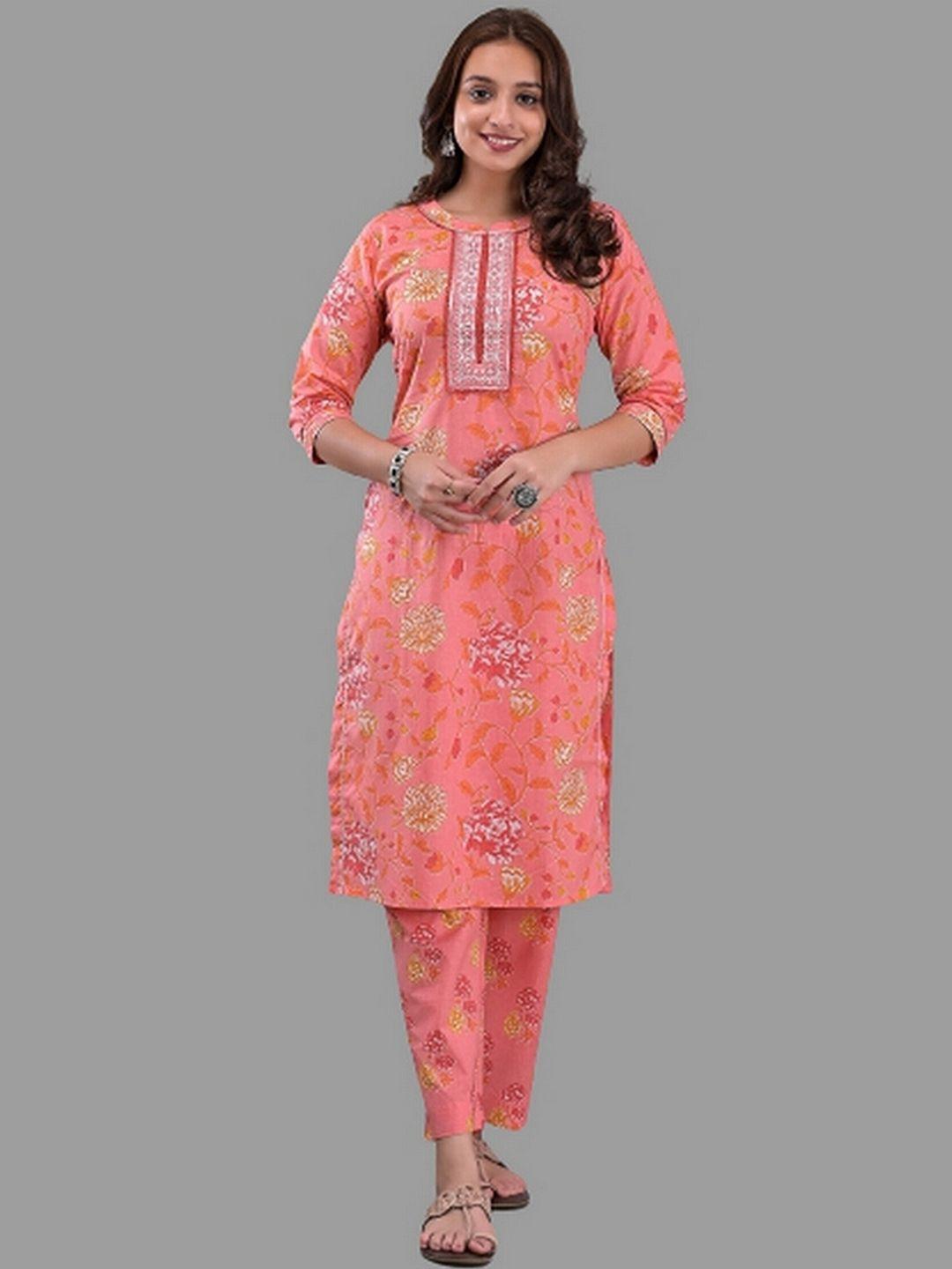 etnicawear women  floral yoke design pure cotton kurta with trouser set