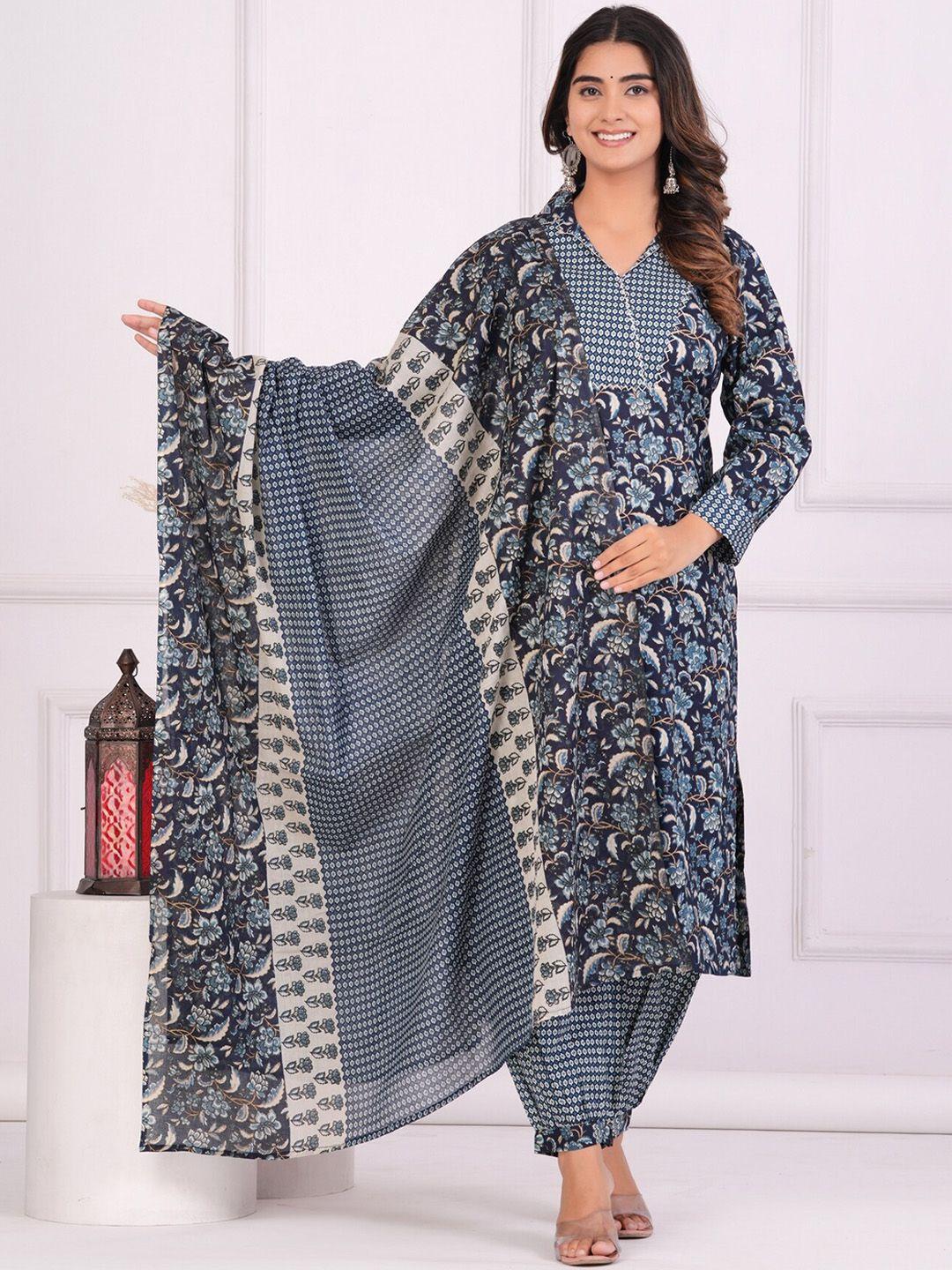 etnicawear women blue ethnic motifs printed regular aari work pure cotton kurta with salwar & with dupatta