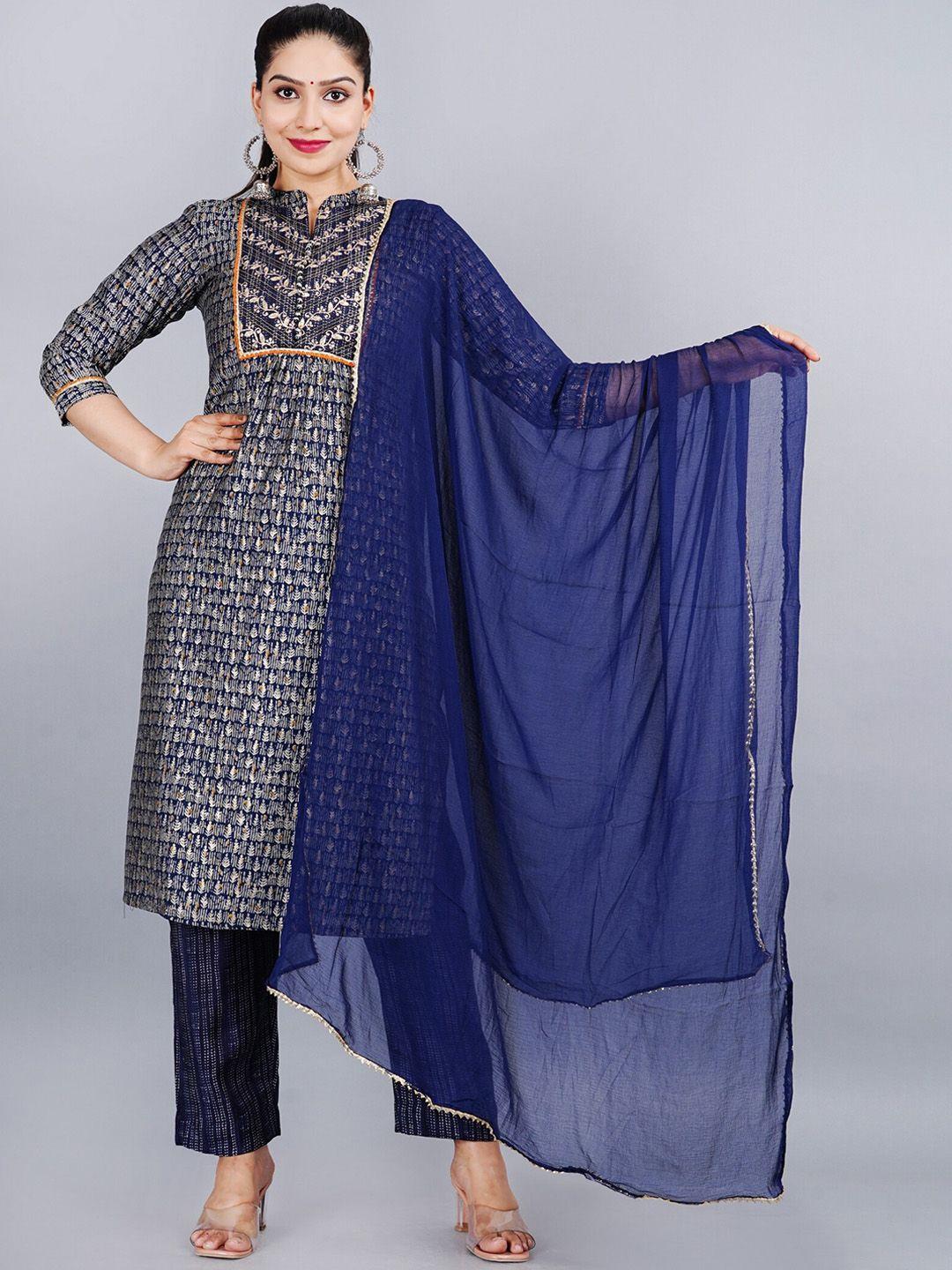 etnicawear women blue ethnic motifs printed thread work pure cotton kurta with trousers & with dupatta