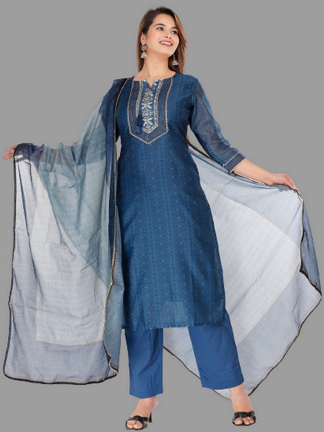 etnicawear women blue floral embroidered chanderi cotton kurta with pyjamas & with dupatta