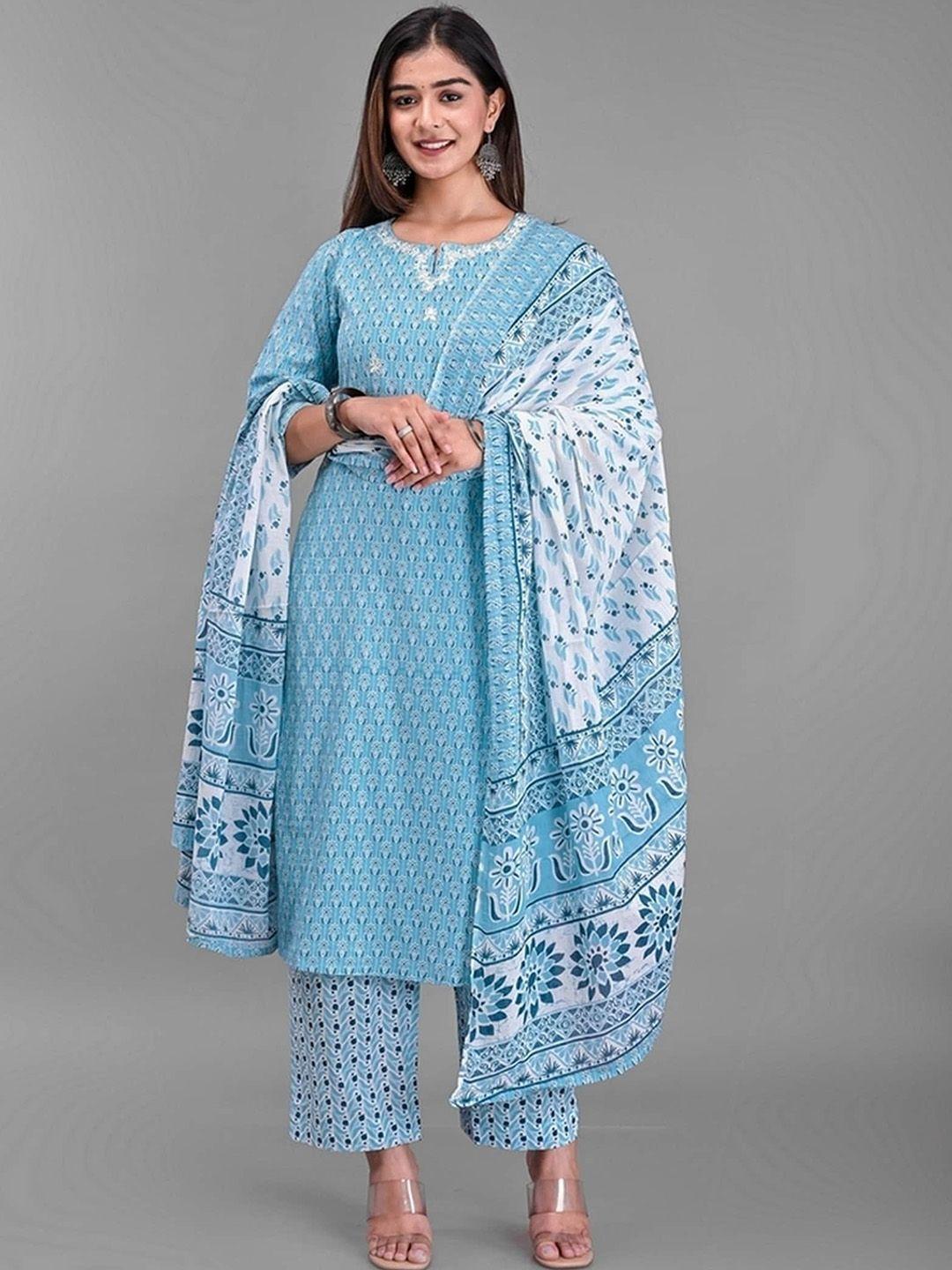 etnicawear women blue floral printed pure cotton kurta with palazzos & with dupatta