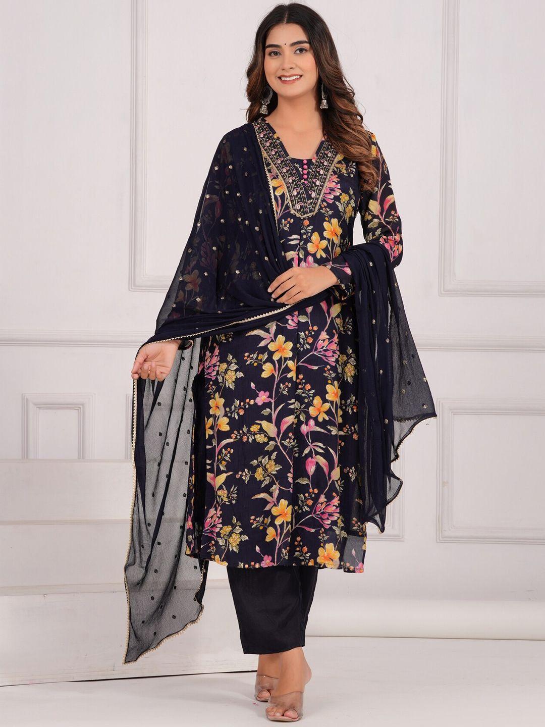etnicawear women blue floral printed regular beads and stones pure silk kurta with trousers & with dupatta