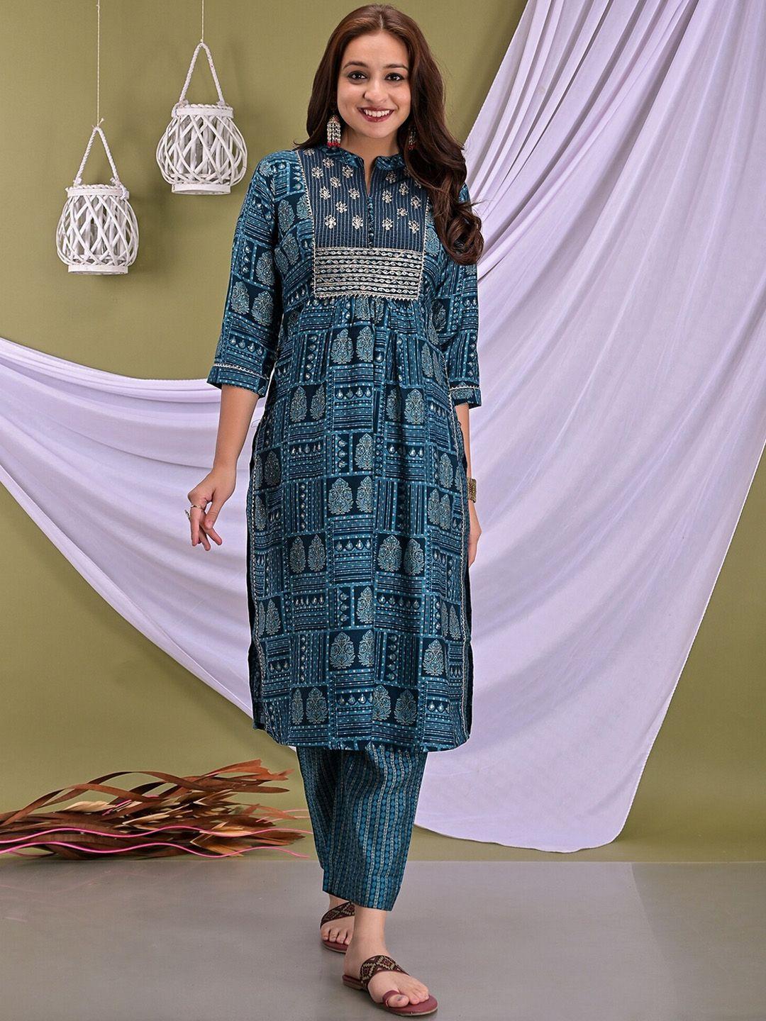 etnicawear women blue printed gotta patti pure cotton kurta with trouser & dupatta set