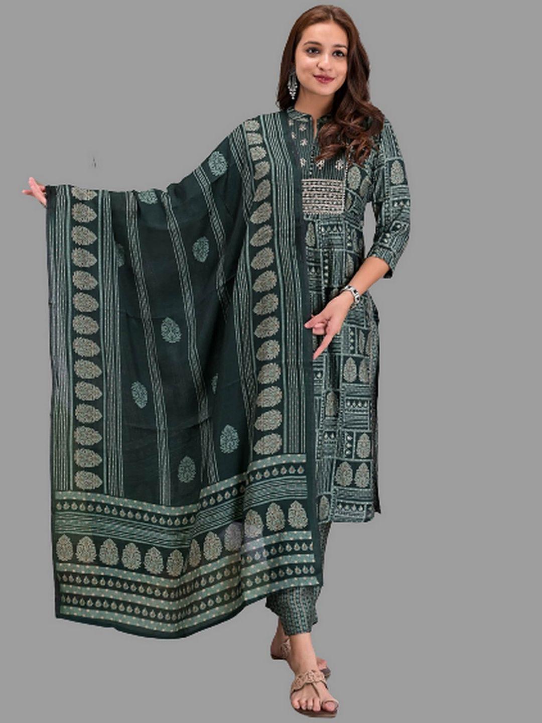 etnicawear women ethnic motifs printed pure cotton kurta with trousers & duppata