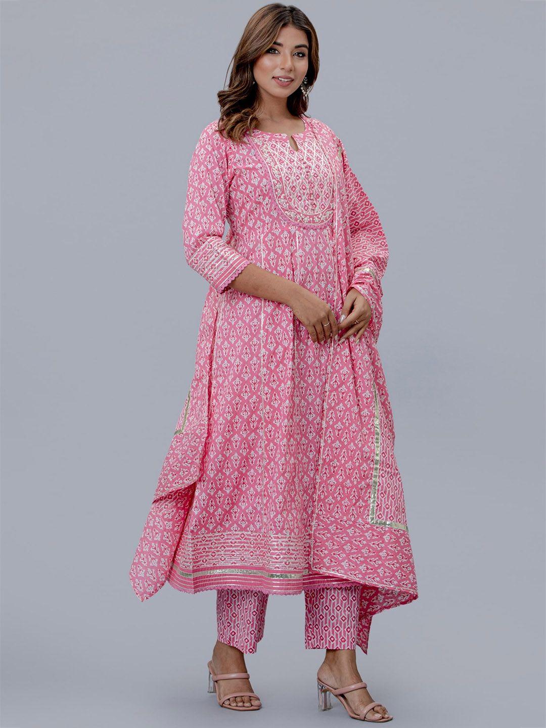 etnicawear women ethnic printed pleated pure cotton kurta with trousers & dupatta