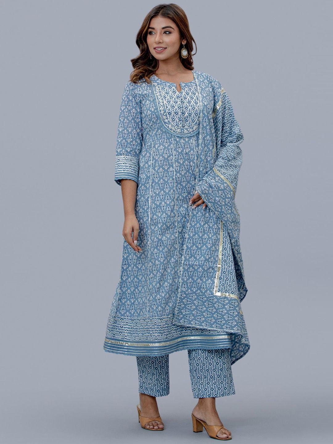 etnicawear women ethnic printed pleated pure cotton kurta with trousers & dupatta