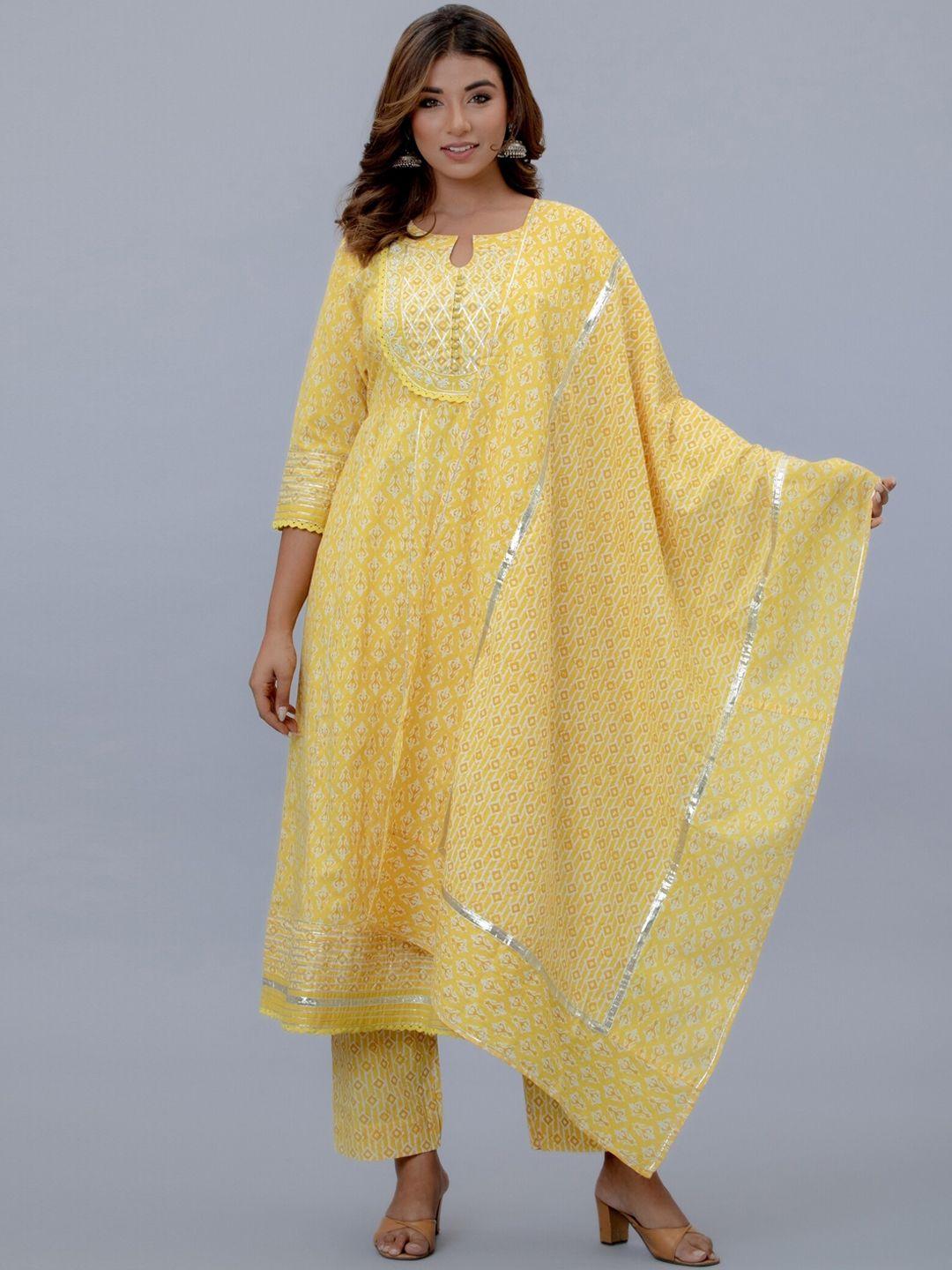 etnicawear women floral printed pleated pure cotton kurta with pyjamas & dupatta