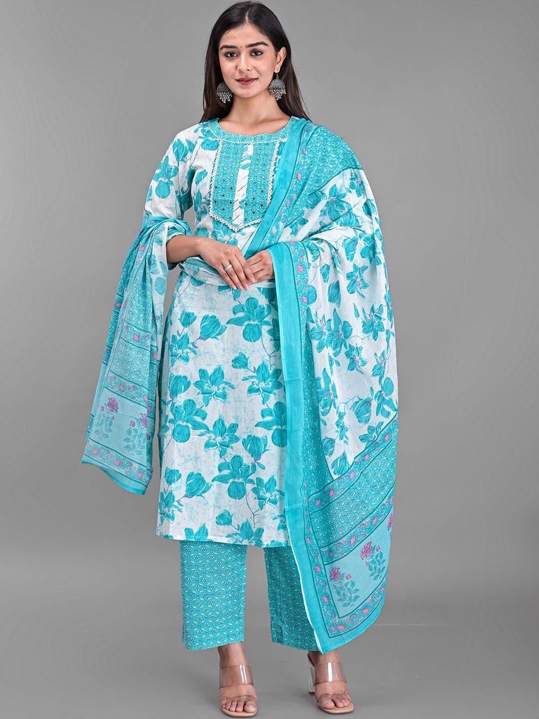 etnicawear women floral printed pure cotton kurta with palazzos & with dupatta