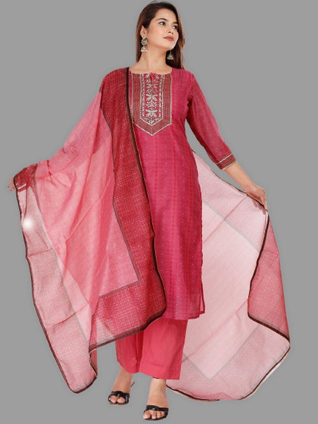 etnicawear women fuchsia floral printed thread work chanderi cotton kurta with trousers & with dupatta