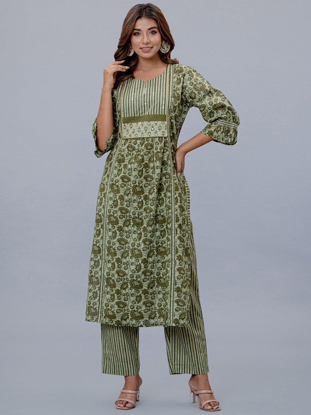 etnicawear women green floral printed mirror work pure cotton kurta with trouser & dupatta