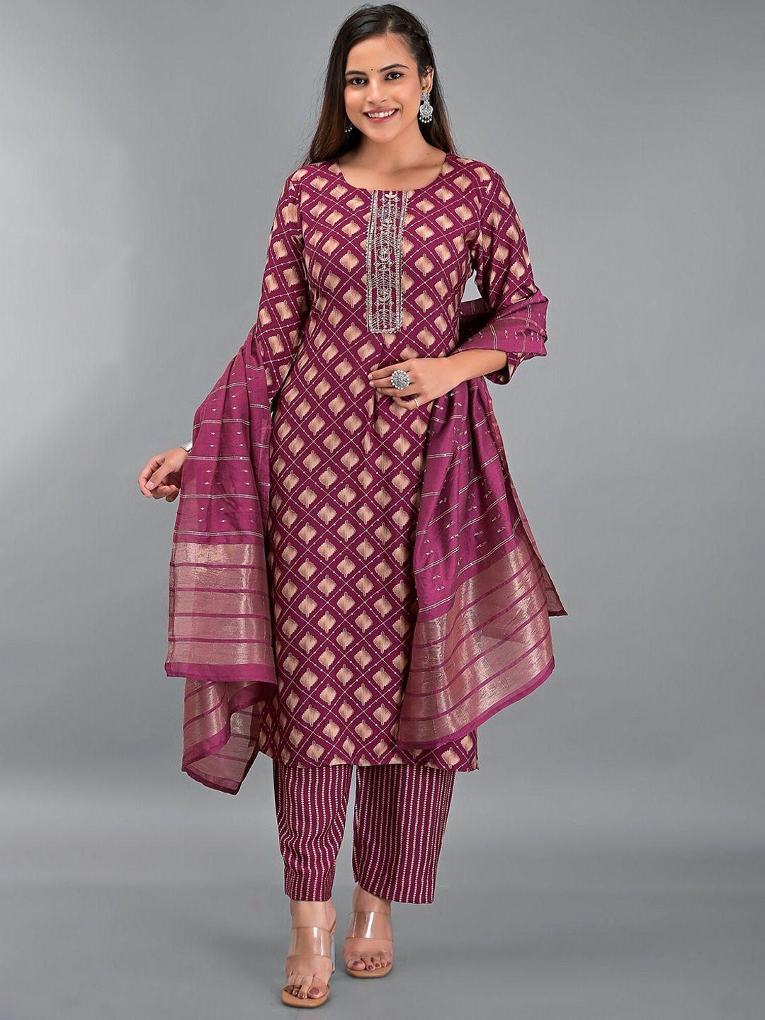 etnicawear women maroon printed gotta patti pure cotton kurta with trouser & dupatta set