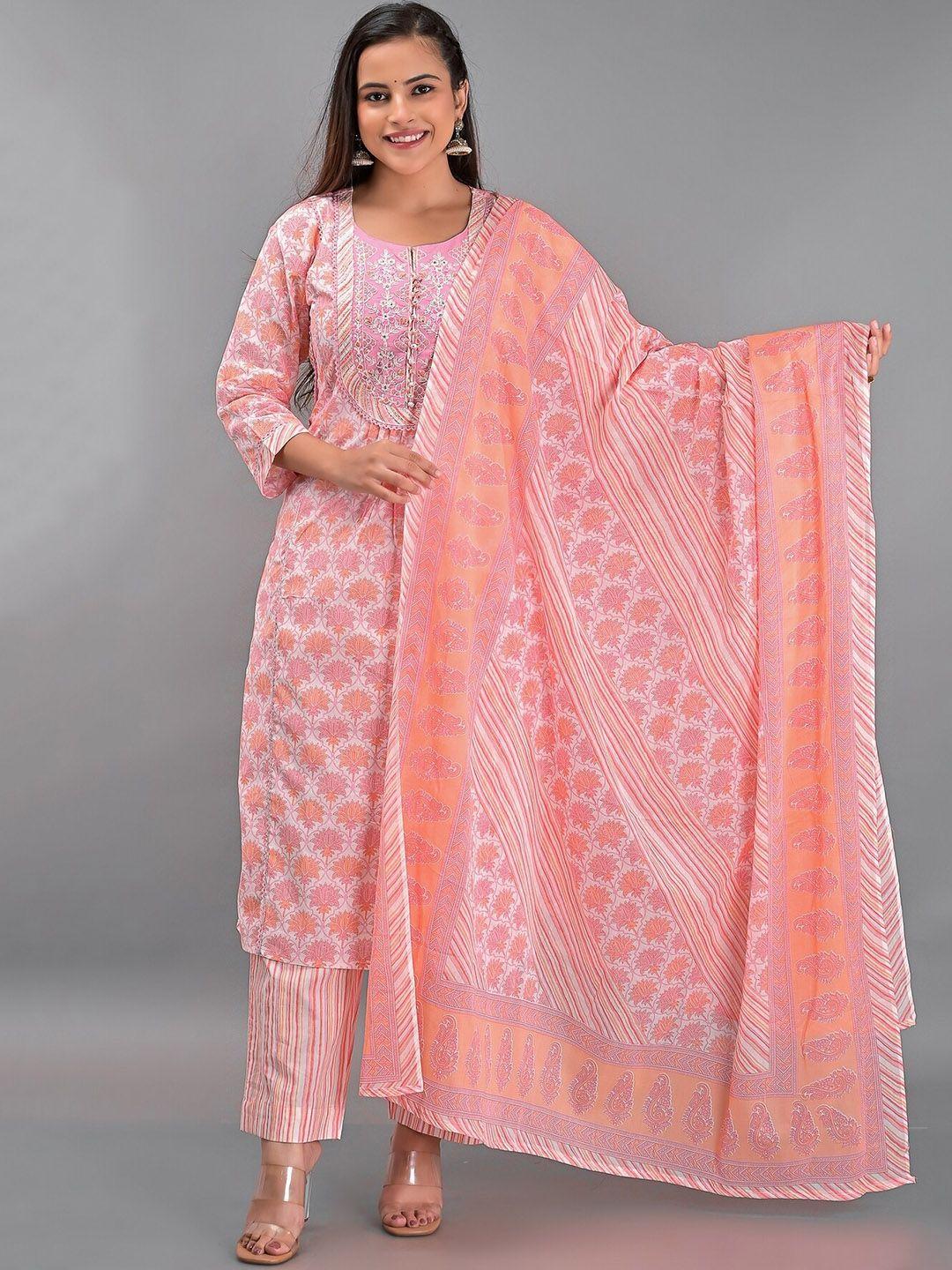 etnicawear women peach-coloured floral embroidered pure cotton kurta with trousers & with dupatta