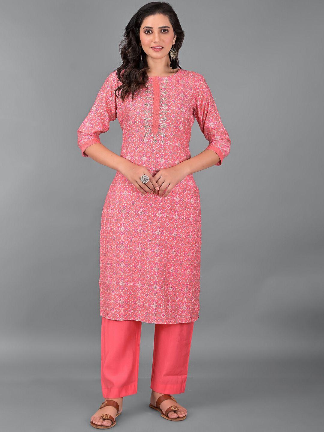 etnicawear women pink ethnic motifs printed pure cotton kurta with trouser & dupatta