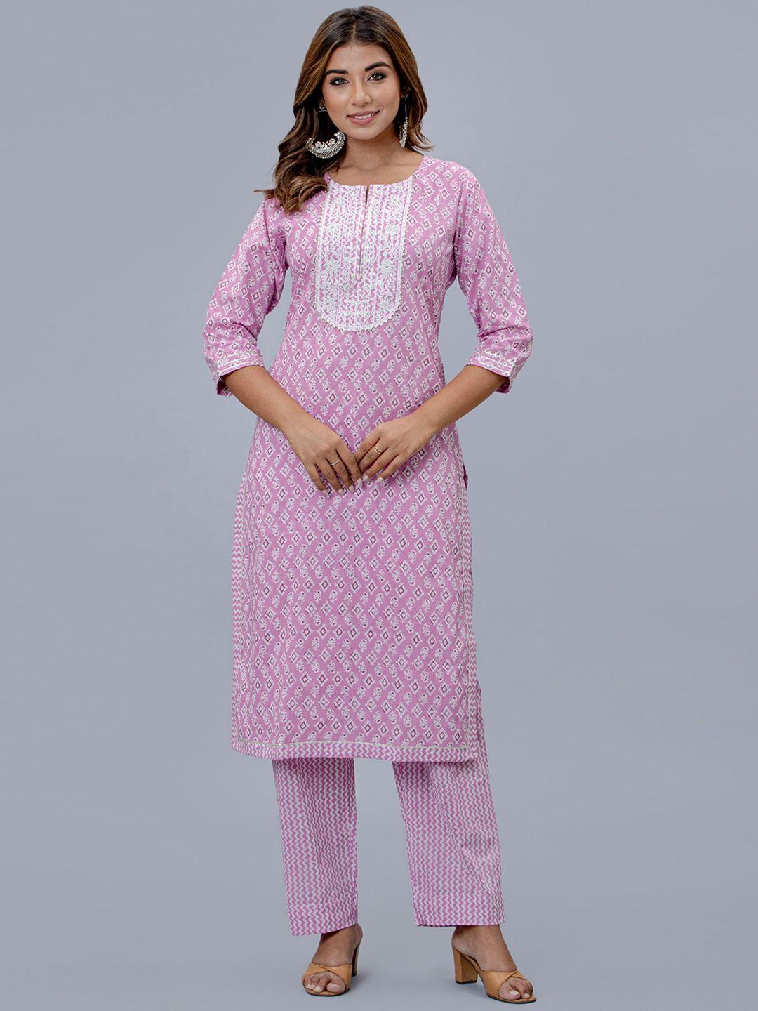 etnicawear women pink ethnic motifs printed thread work pure cotton kurta with pyjamas