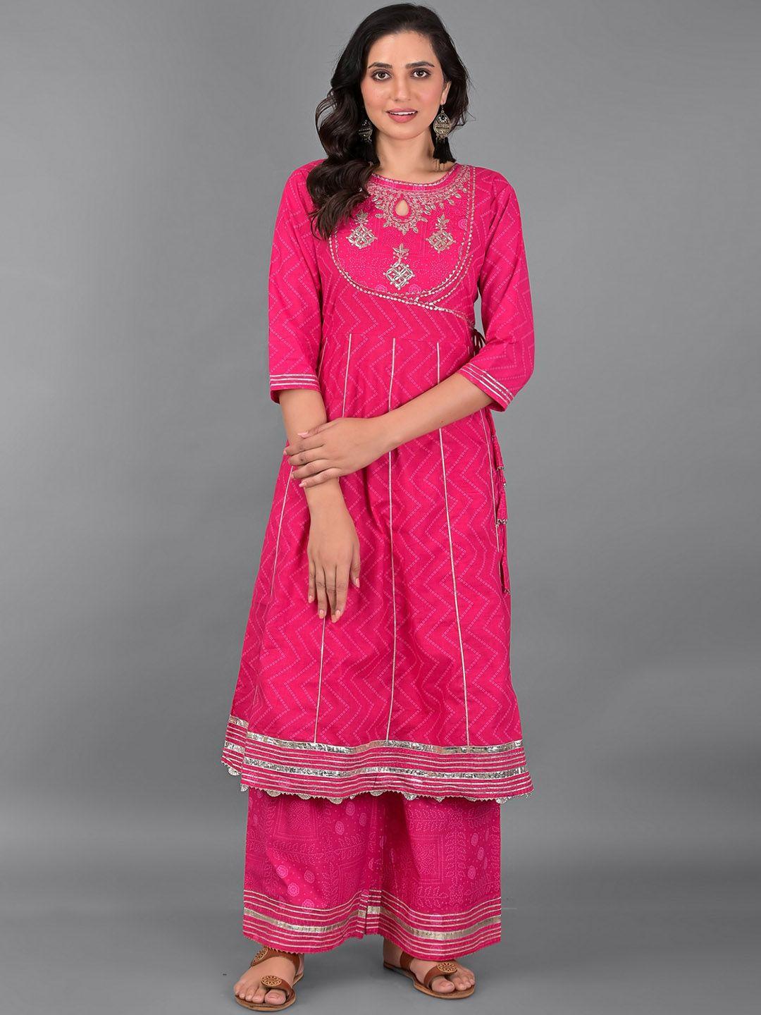etnicawear women pink floral embroidered pure cotton kurta with palazzos & with dupatta