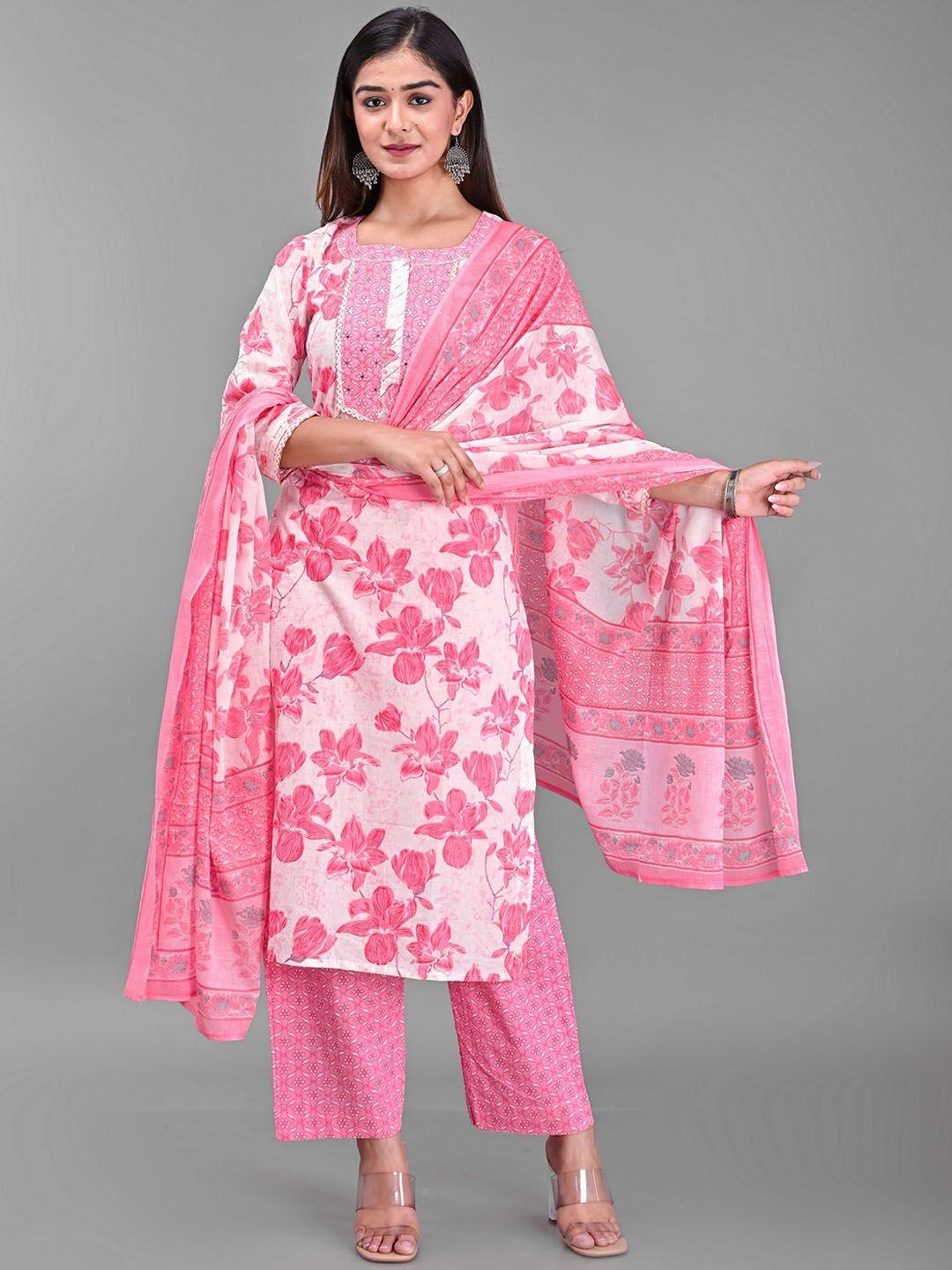 etnicawear women pink floral printed pure cotton kurta with pyjamas & with dupatta
