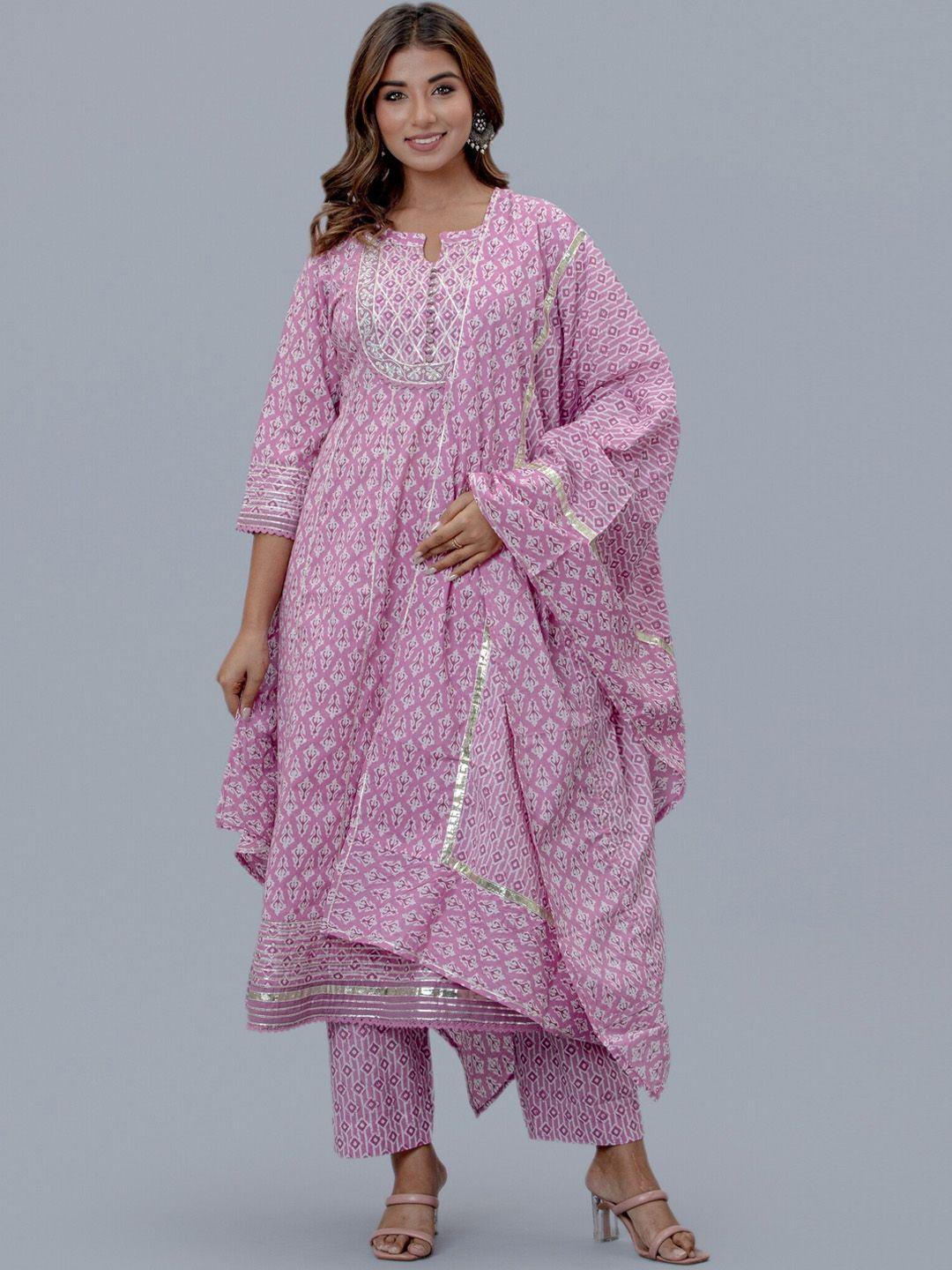 etnicawear women pink printed gotta patti pure cotton kurta with trouser & dupatta set