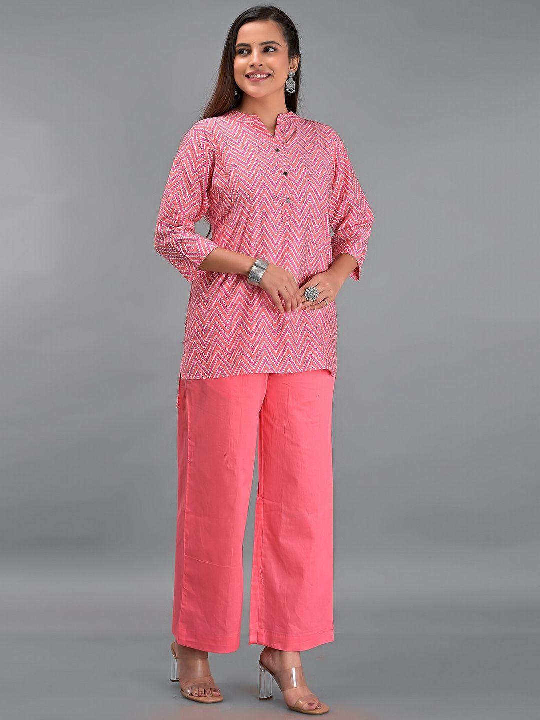 etnicawear women pink printed pure cotton kurti with trousers