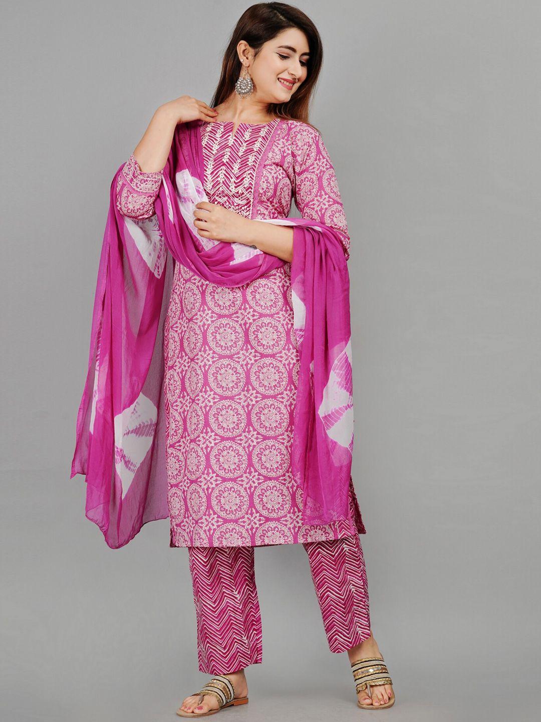 etnicawear women printed pure cotton kurta with trouser and dupatta