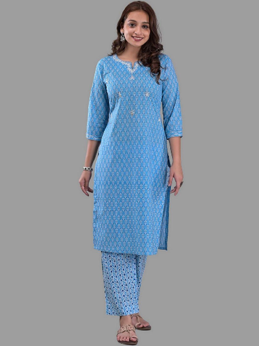 etnicawear women printed pure cotton kurti with trousers & dupatta