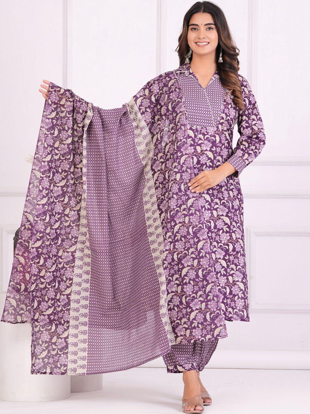 etnicawear women purple ethnic motifs printed regular aari work pure cotton kurta with salwar & with dupatta
