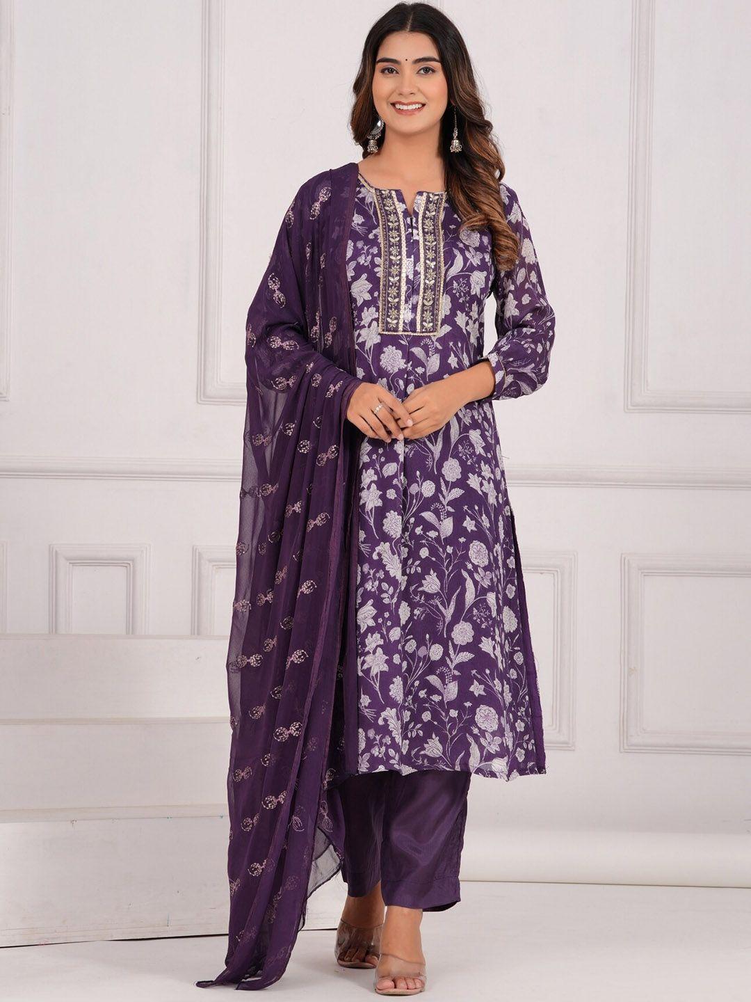 etnicawear women purple floral printed regular beads and stones pure silk kurta with trousers & with dupatta