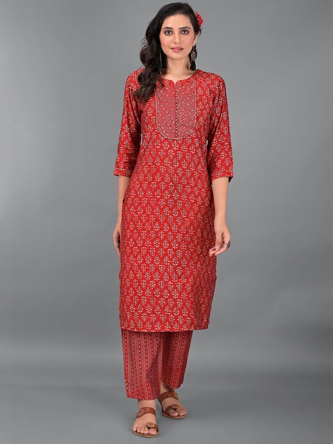 etnicawear women red & grey embroidered cotton straight kurta with trousers & with dupatta