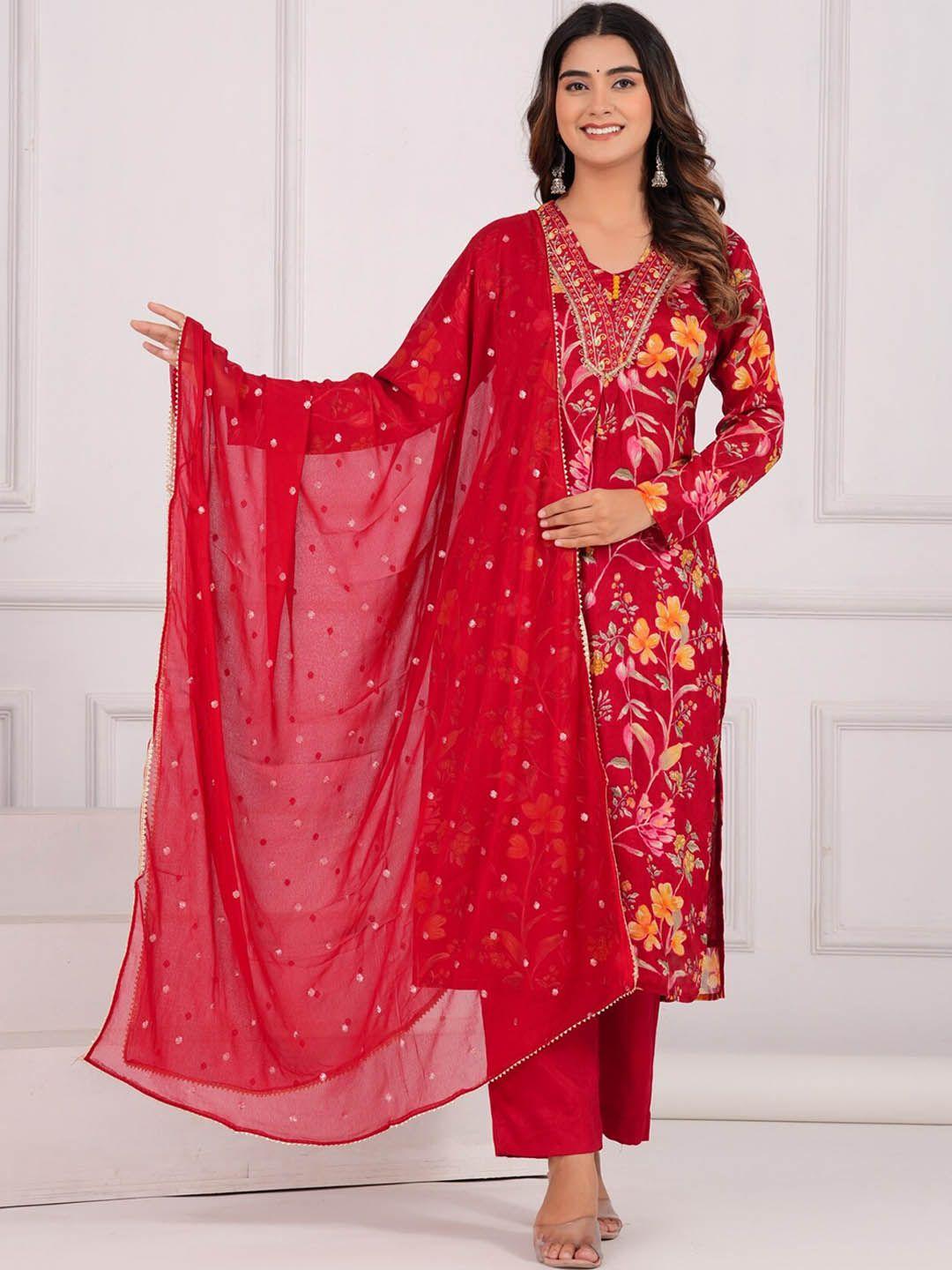 etnicawear women red ethnic motifs printed regular beads and stones pure silk kurta with trousers & with