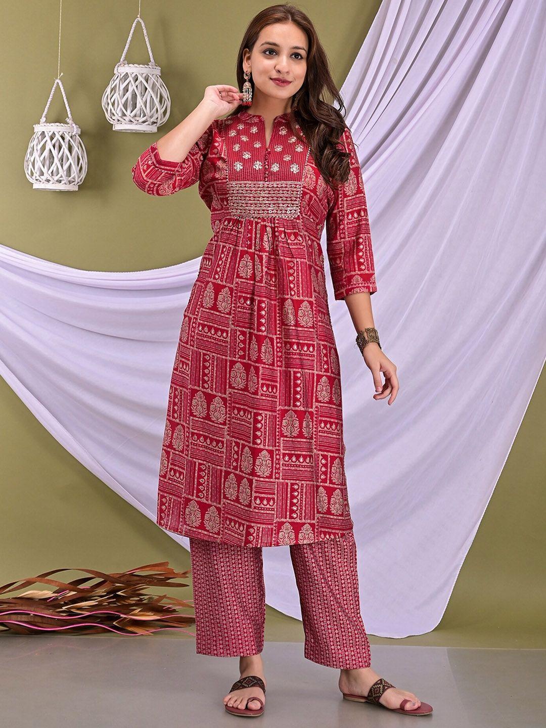 etnicawear women red printed gotta patti pure cotton kurta with trouser & dupatta set