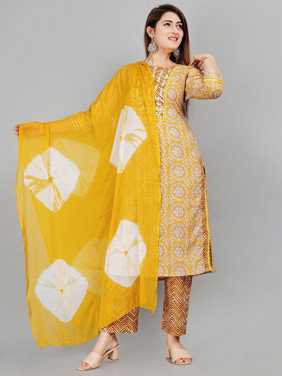 etnicawear women yellow ethnic motifs printed pure cotton kurta with trousers & with dupatta