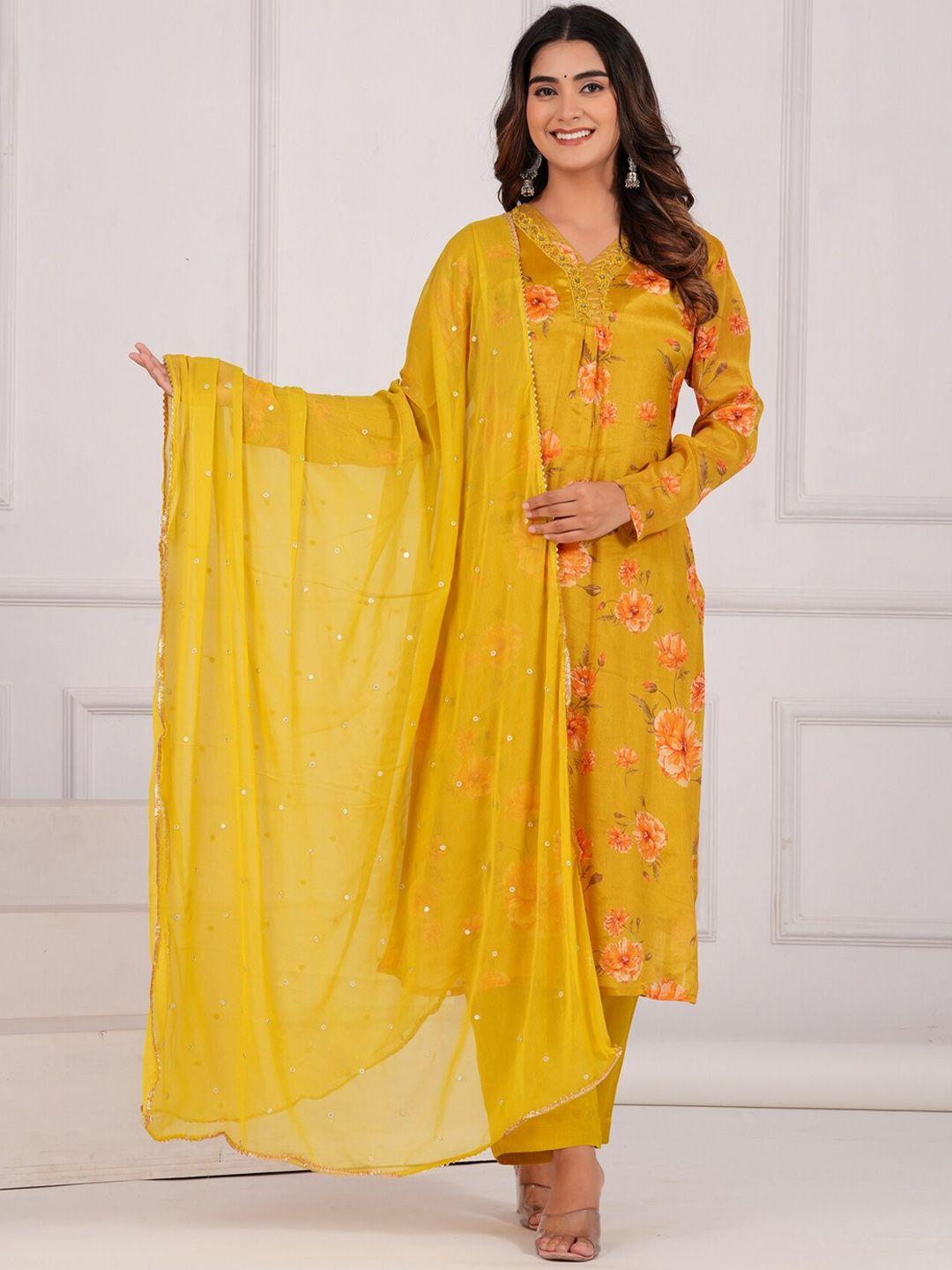 etnicawear women yellow ethnic motifs printed regular beads and stones pure silk kurta with trousers & with