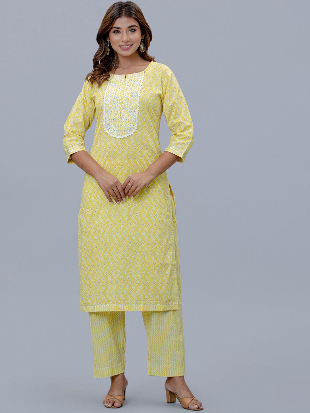 etnicawear women yellow floral embroidered pure cotton kurta with trousers